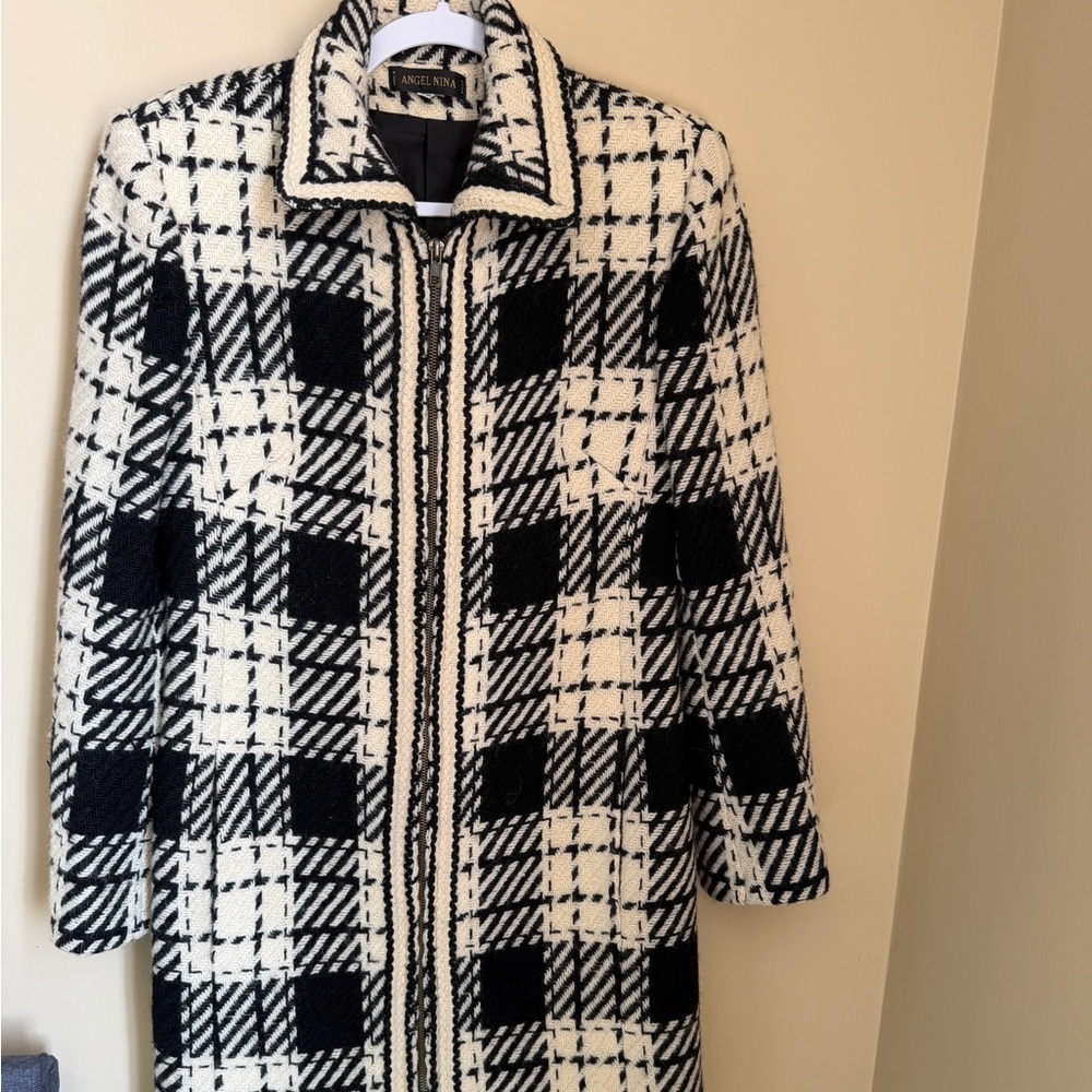 Angel Nina Plaid Wool Blend Coat Women Size 40 Black Cream Long Zip Jacket - Picture 2 of 16